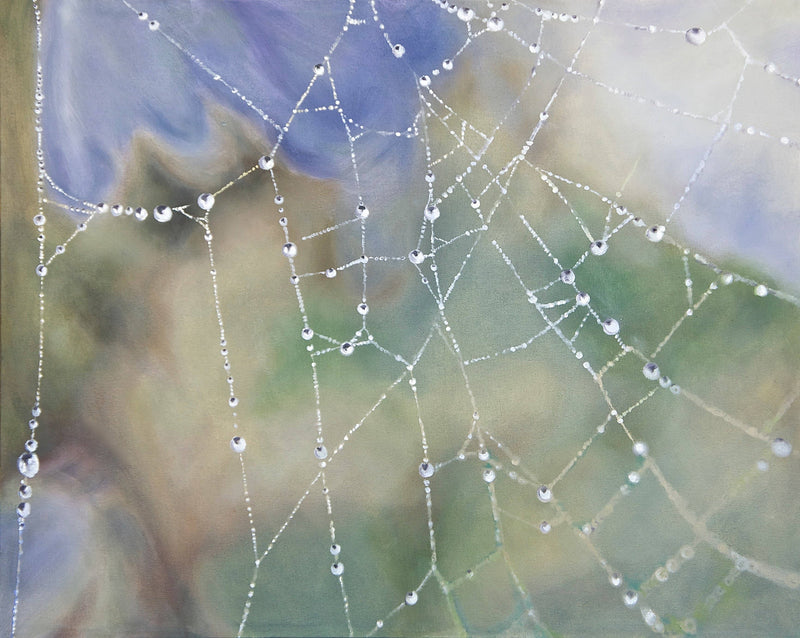 Contemporary Art with blue and green colors of a spider web glistening in morning dew.