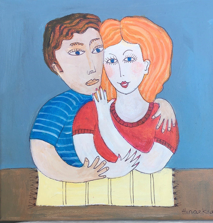 Small Scale Figurative love painting with bold colors and emotions of a couple