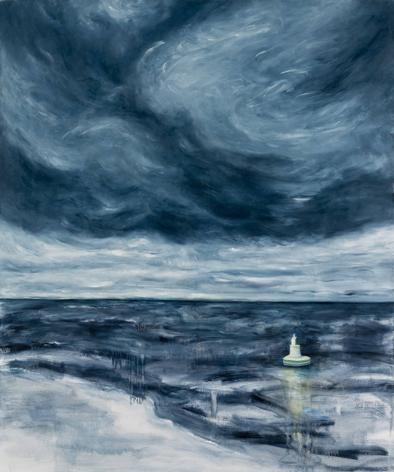 Contemporary Seascape Art with blue stormy waves.  A book "Crossing to Safety"