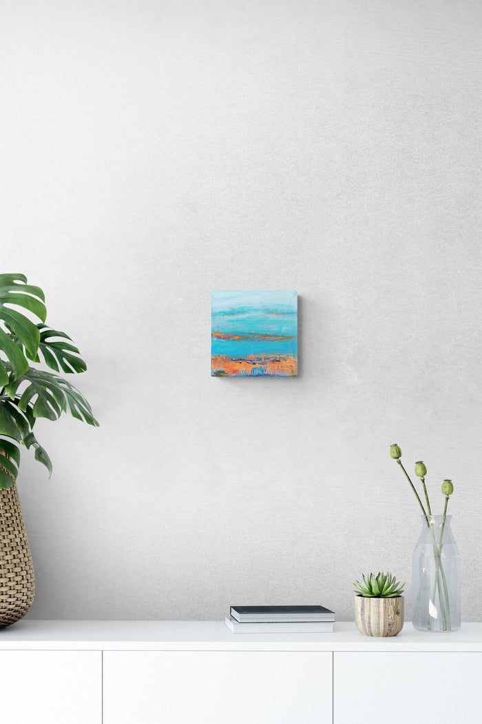 Small Scale Seascape Abstract Painting, blue & orange gives life & nature to this office