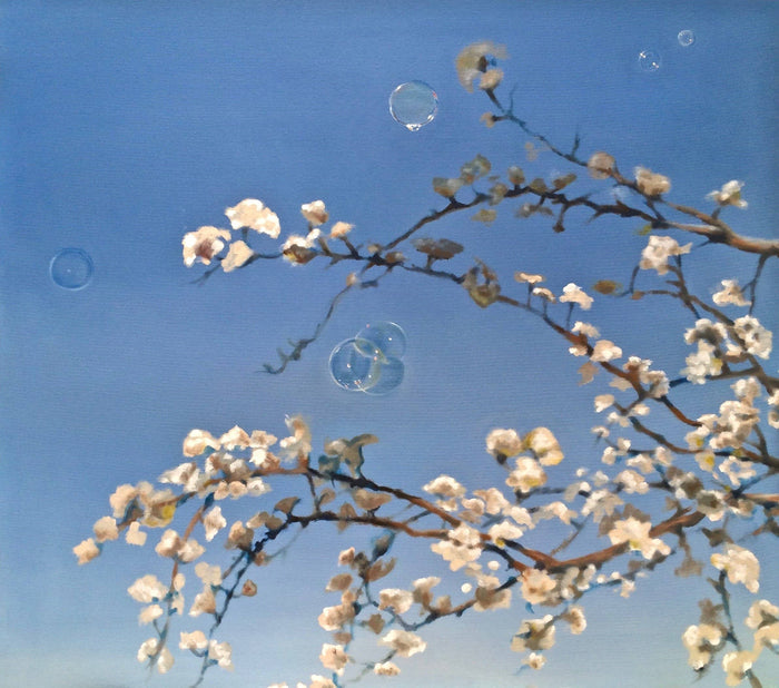 Realism Tree Branch Artwork in blue, white and browns with blossoms on the branches