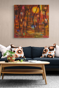 Abstract landscape Painting, bold sun in orange tones feels warm in this living space