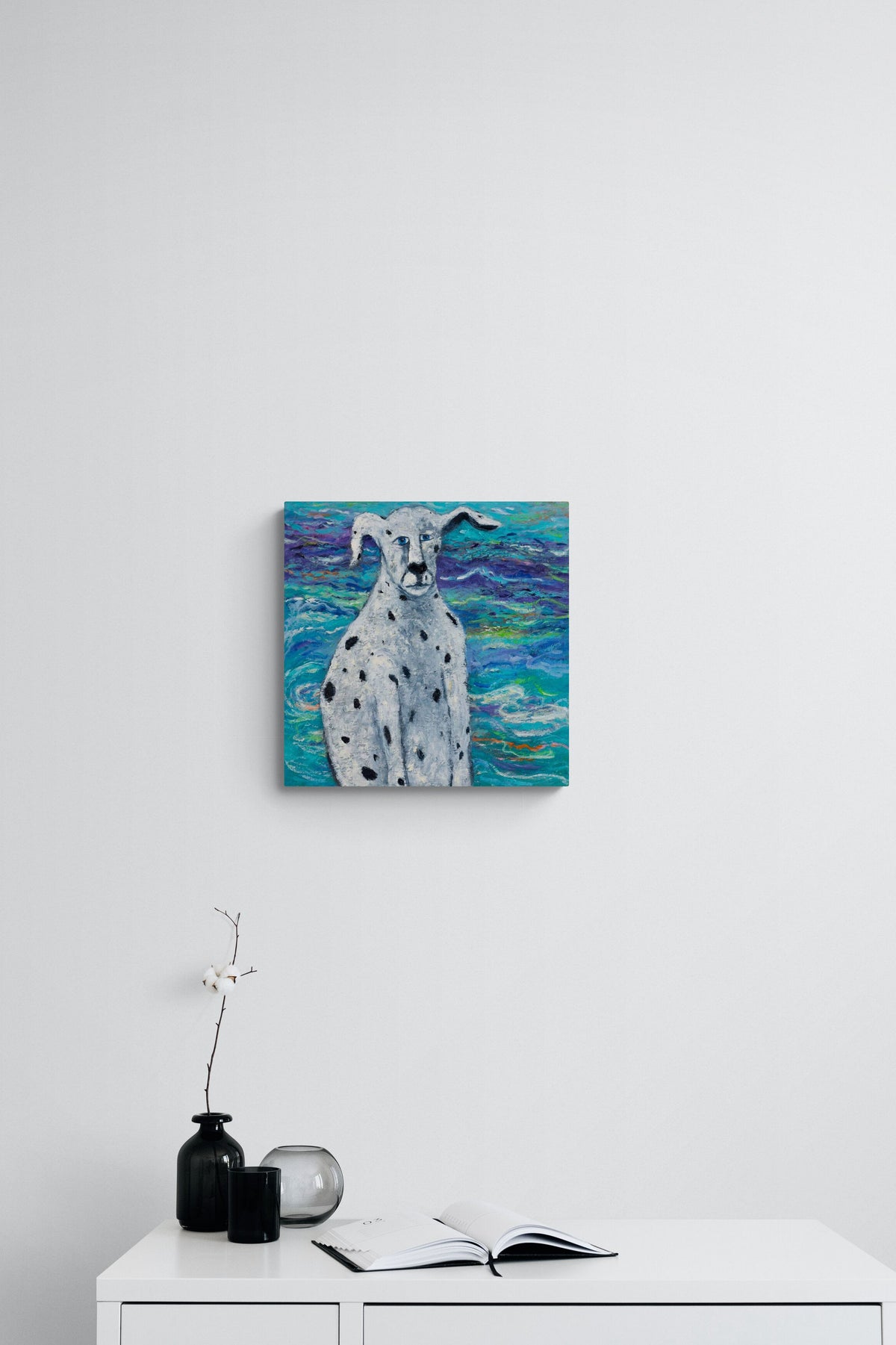 Impressionistic Dog painting gives life, emotion and blue colors to this desk area