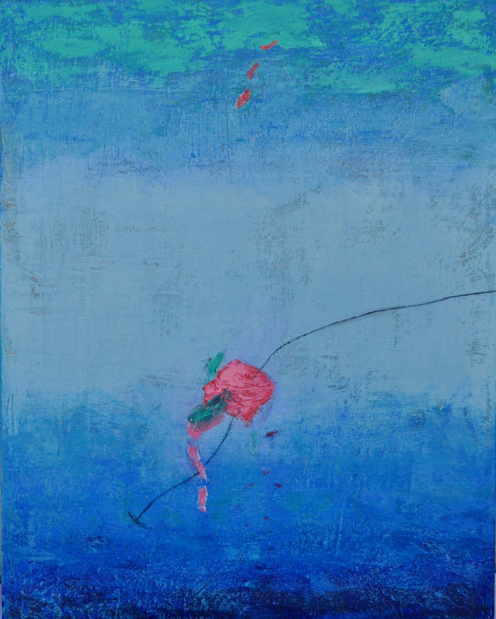 Contemporary Art Abstract in solid blue with hint of pink to depict floating in the ocean