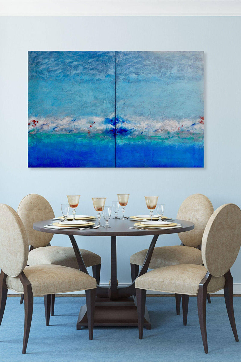 Ocean Abstract Seascape Painting in blue adds life & color to the elegant dining room