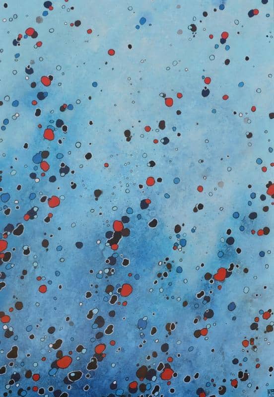 Abstract artwork inspired by water with blue, red & black organic circular shapes
