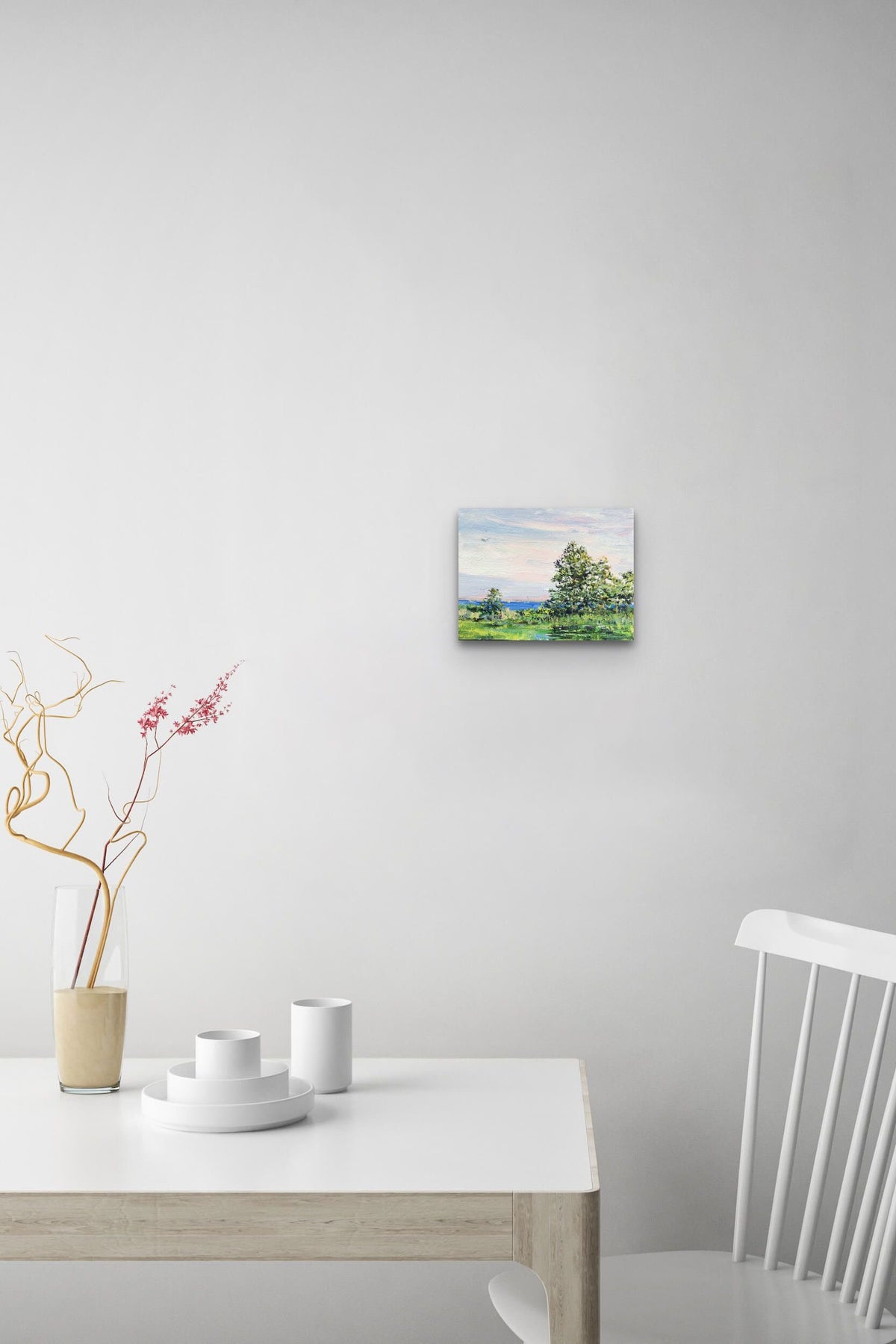 Small Scale New England Landscape Painting adds a soft beauty & nature to this kitchen