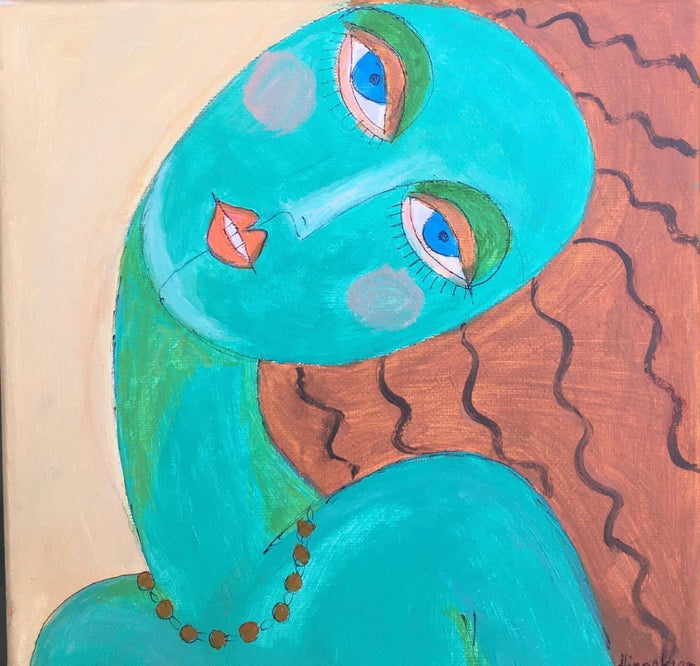 Small Scale Female Figurative Art inspired by human faces in Teal Green