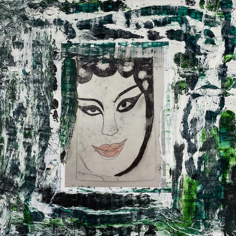 Abstract Portrait Art with washed green colors center in the cultural theatrical portrait