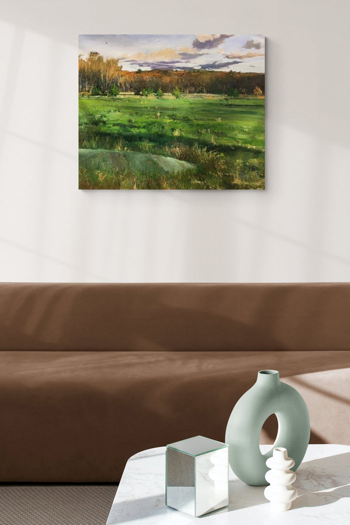 Field Landscape Painting with rich greens fills this living space with nature & New England