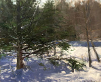 contemporary landscape painting of trees in a forest with snow in the winter time