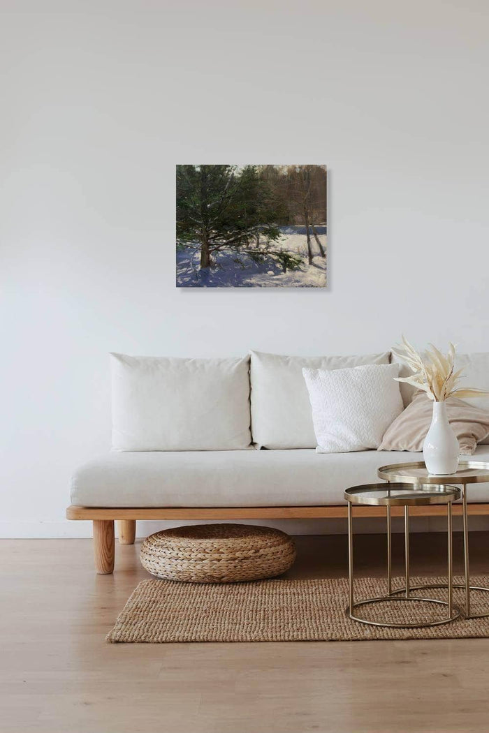 Winter Tree Landscape Painting in deep green colors brings nature into this living space