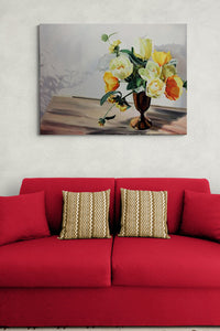 Contemporary Yellow Floral Painting fits well with this vibrant red living space