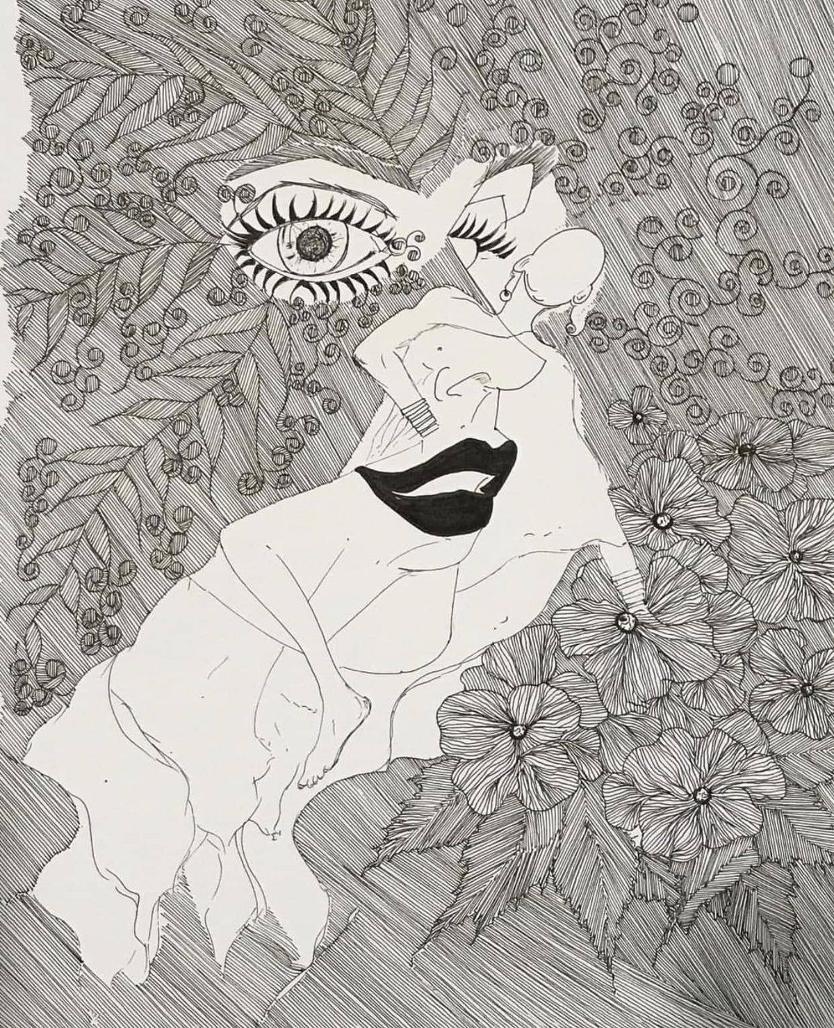 abstract ink drawing in grayscale, bold lips, striking with floral nature & figures