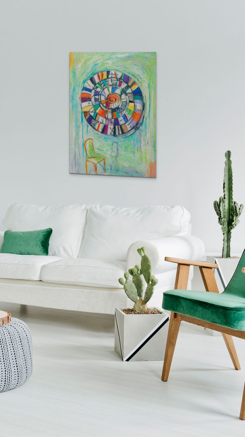 Impressionistic Abstract Painting adds vibrant color, conversation & life to this simple green living space