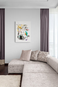 Expressive Painting with gestural organic lines create a conversation in this elegant living room