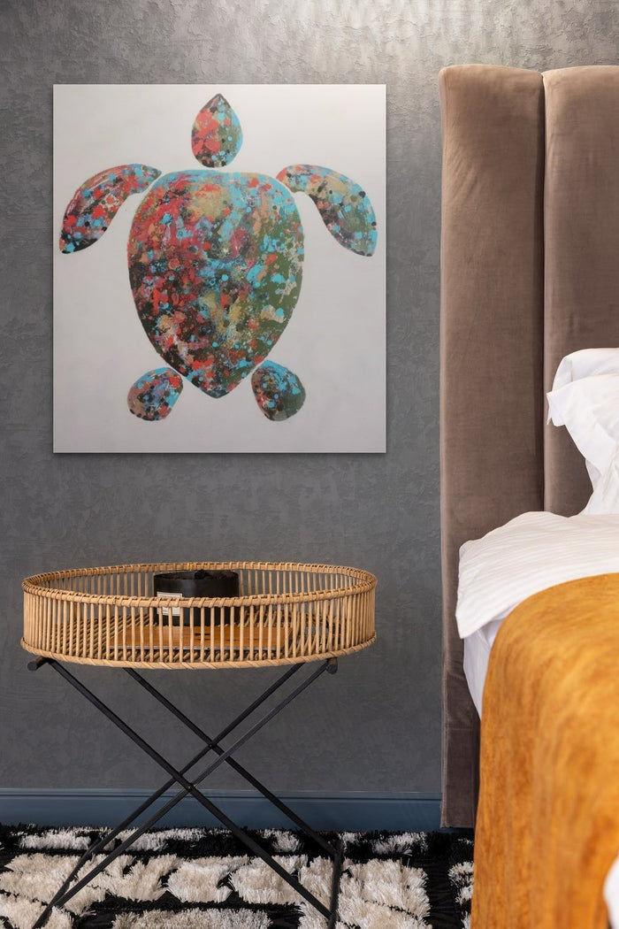 Turtle Fauna artwork adds warmth in this cozy chic bedroom