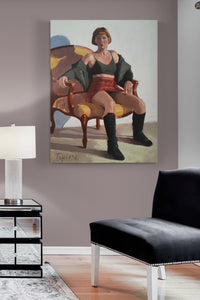 contemporary female figural painting exudes conversation to this modern living room