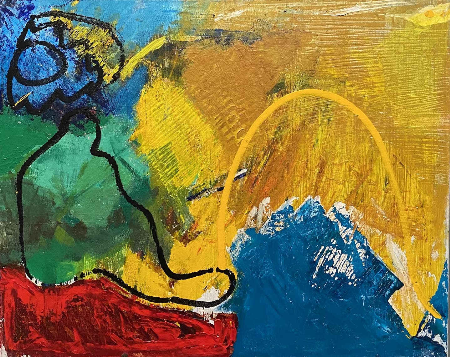 Cultural Art painting in bold blue, red and yellow colors.  Strong line about peace