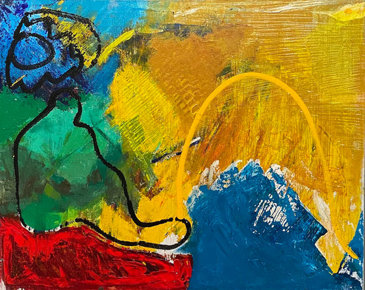 Cultural Art painting in bold blue, red and yellow colors.  Strong line about peace