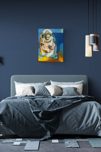 Lovers Expressionistic painting fills this deep blue modern bedroom with emotion.