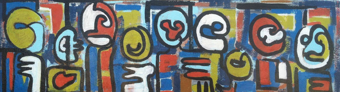 Contemporary Abstract Mexican Art with organic shapes in bold blue, red and yellow 