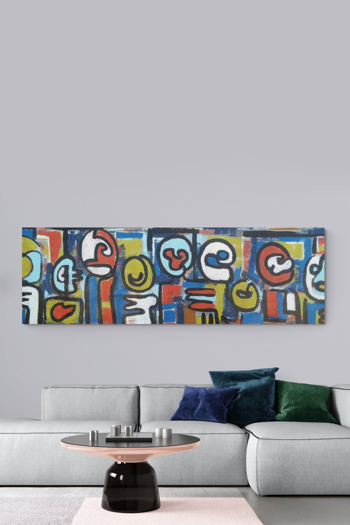 Bold Abstract Mexican Painting, striking blue & red adds life to this modern living room