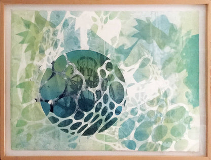 Contemporary Abstract Planet Art in shades of green & blue with organic soft shapes
