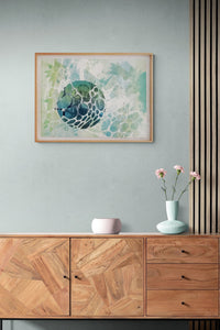 Planet Abstract Art adds blue & green color, conversation & life to this simple bedroom