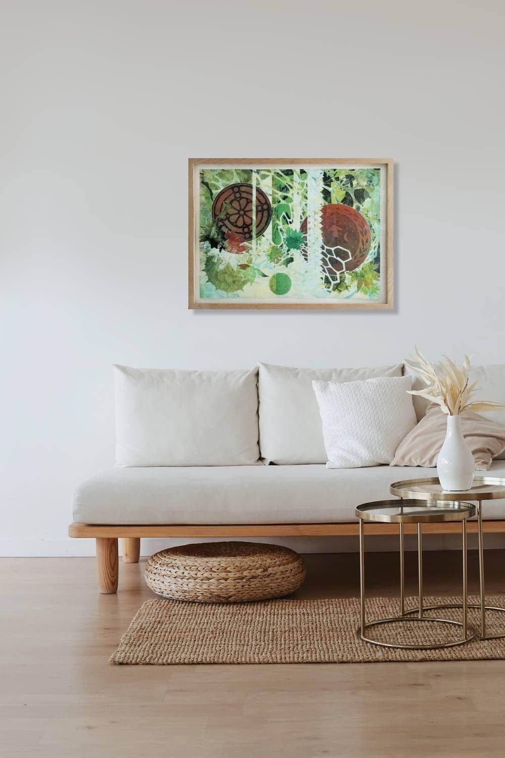Organic Shapes contemporary art with green colors brings nature into this living space