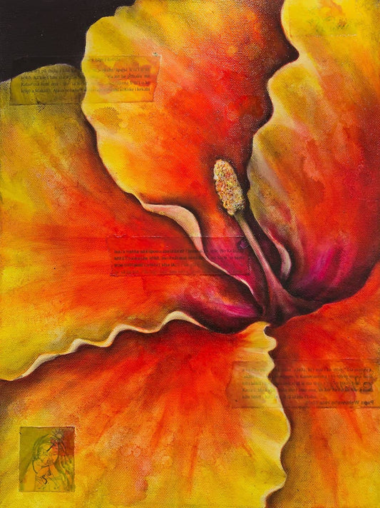 Contemporary Maui Floral Art, bold red & yellow with strong outline of  hibiscus plant