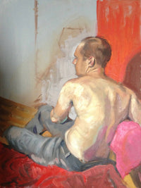 contemporary male figurative painting with red and neutral colors