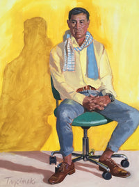 contemporary male figurative painting with strong yellow and soft blue colors