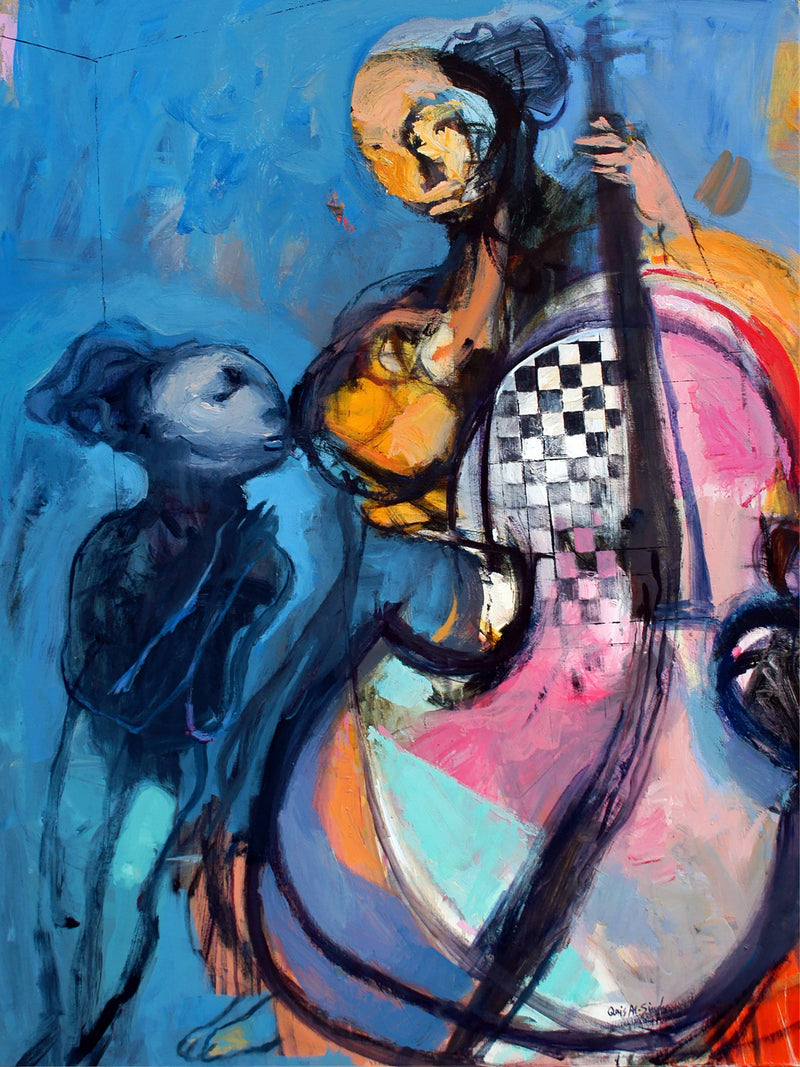 Figurative Music Art with the cello as the composition and faces of emotion
