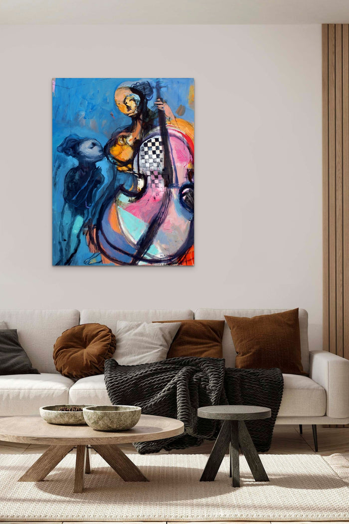 Abstract artwork with music & figures in blue & black fills this living space with energy