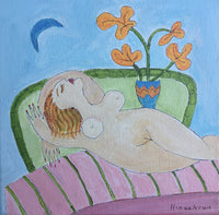 Small Scale Playful Figurative Art in blue & purple colors with female on the sofa