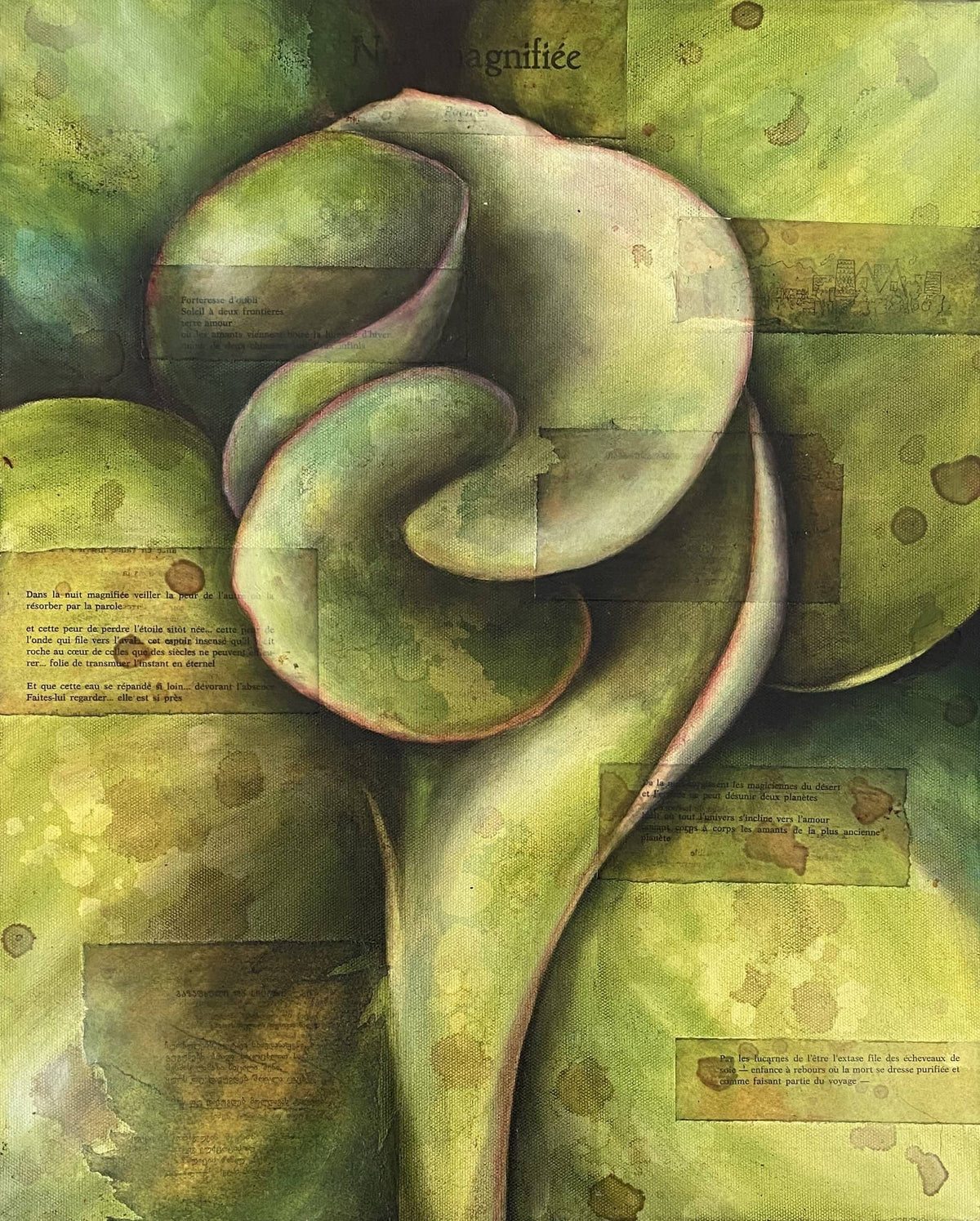 Contemporary Plant Still Life Art with shades of green & distinct curves along the leaves