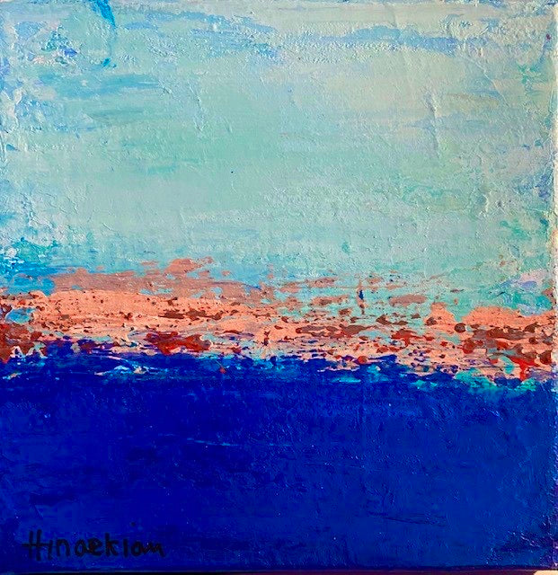 Small Scale Impressionistic Abstract Ocean Art, strong blue & a hint of red color