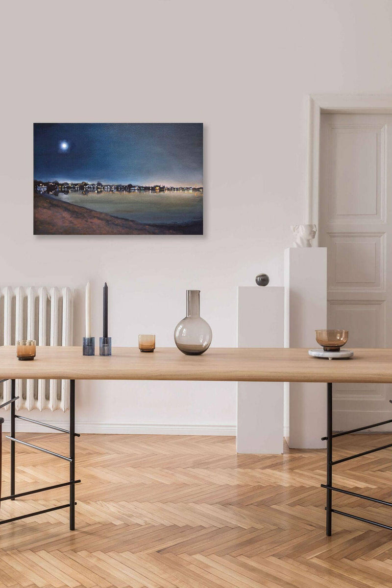 Contemporary California Seascape painting adds blue & moonlight to this dining room
