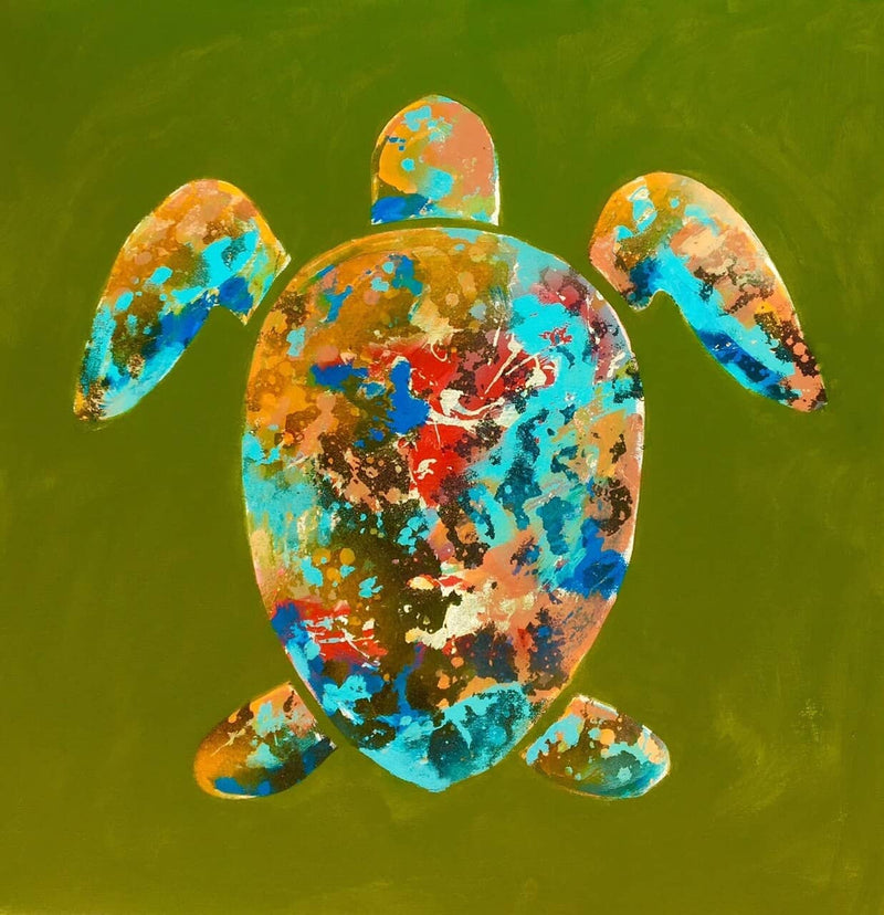 Turtle Fauna artwork with green, blue & red colors 