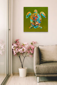Turtle Fauna artwork with green, blue & red colors fills this warm cozy living space with nature