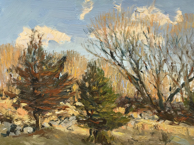 Landscape artwork with warm colors of trees in New England 