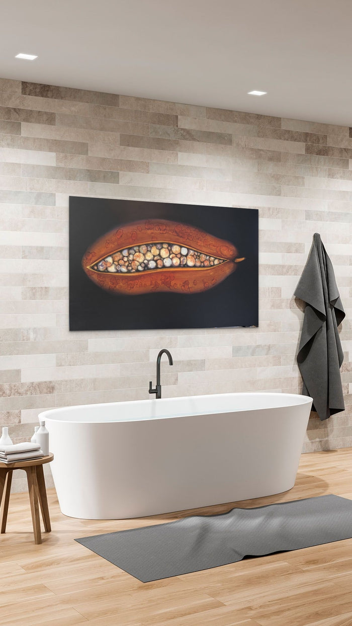Pearl Still Life Painting adds balance & elegance with earth tones to this minimalistic bathroom