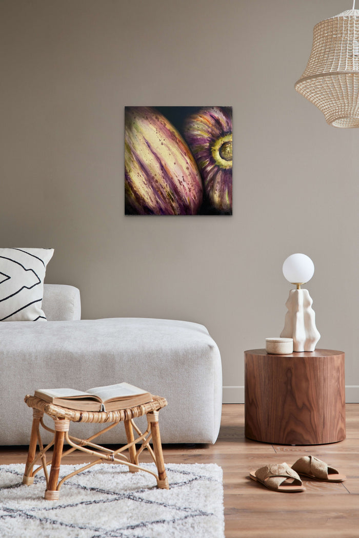 Fruit Still Life Painting adds deep purple & yellow, & life to this lounge sitting room