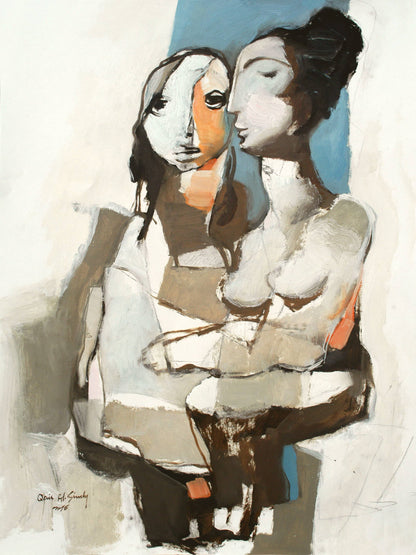 Lovers figurative painting with neutral tones and strong organic shapes
