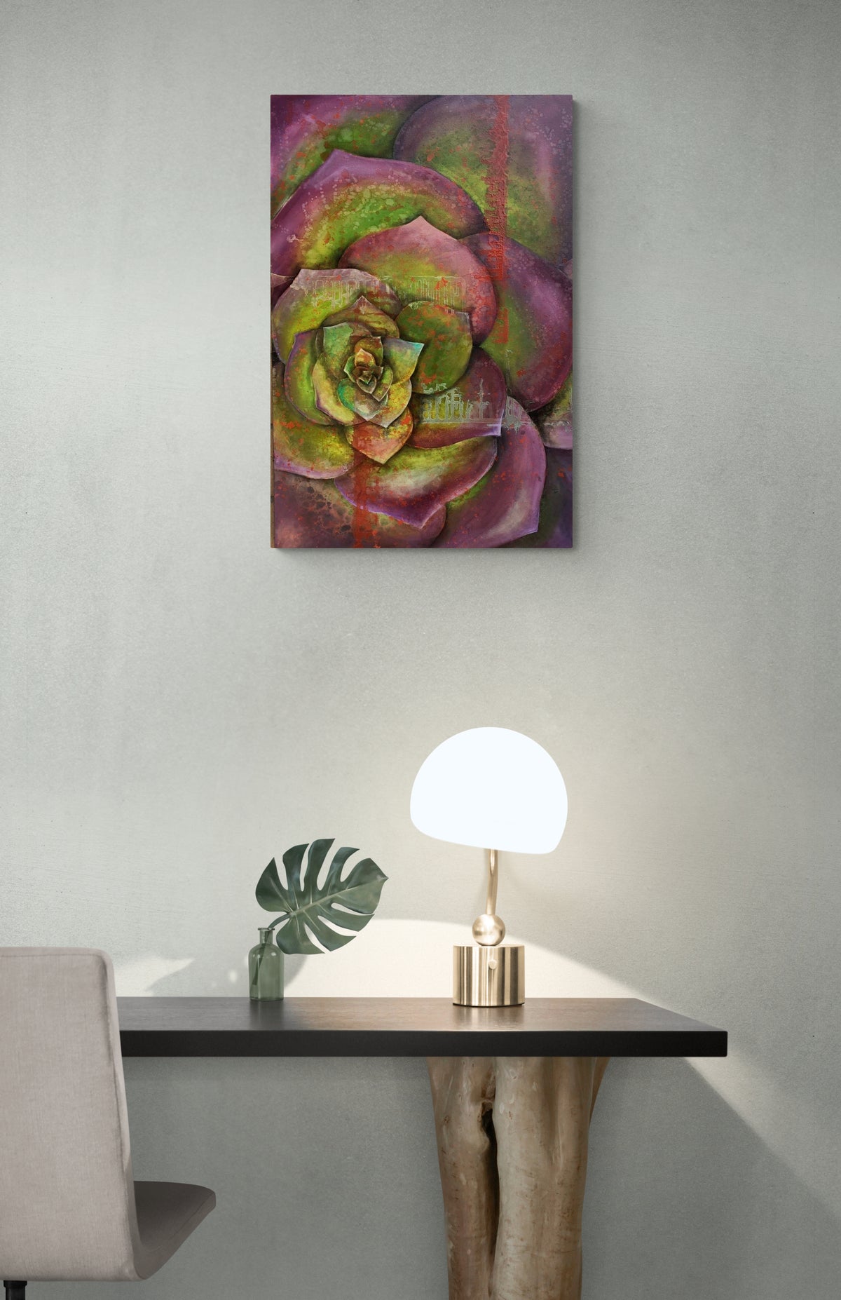 Green & Purple Plant Still Life Painting adds color & nature to this modern office