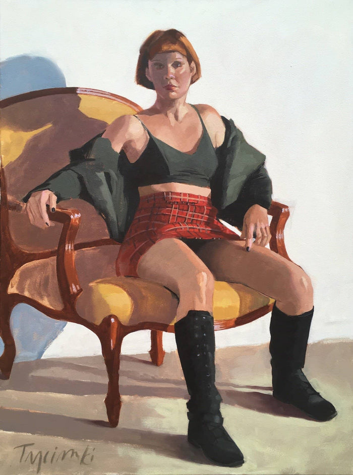 contemporary portrait of  a woman with a strong pose and red hair