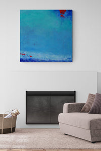 Abstract Landscape with deep blues brings color to the monochrome living space