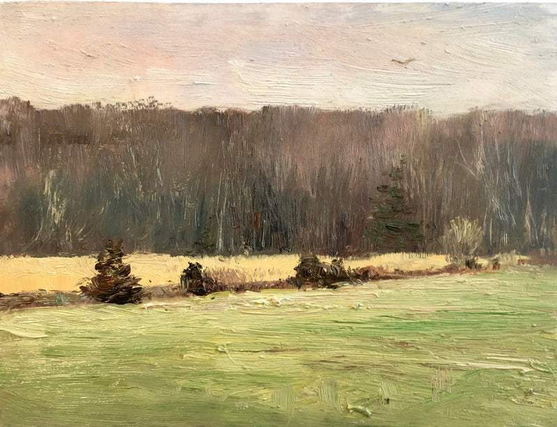Landscape artwork of New England green field filled with bare trees 