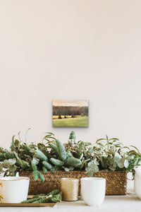 Landscape artwork of New England green field with trees fills this cozy nature inspired countertop